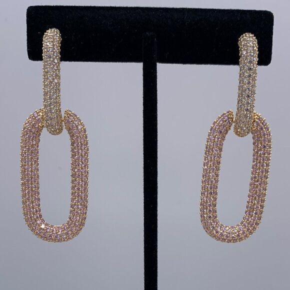 NWOT, earrings, real gold plate, pave, white and pink AAAAA CZ, statement size, - Picture 1 of 14